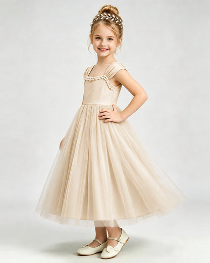 Champagne Flower Girl Dress Pearl Trim Flutter Sleeve Puffy Tulle A-Line Midi Gown Side Full View
