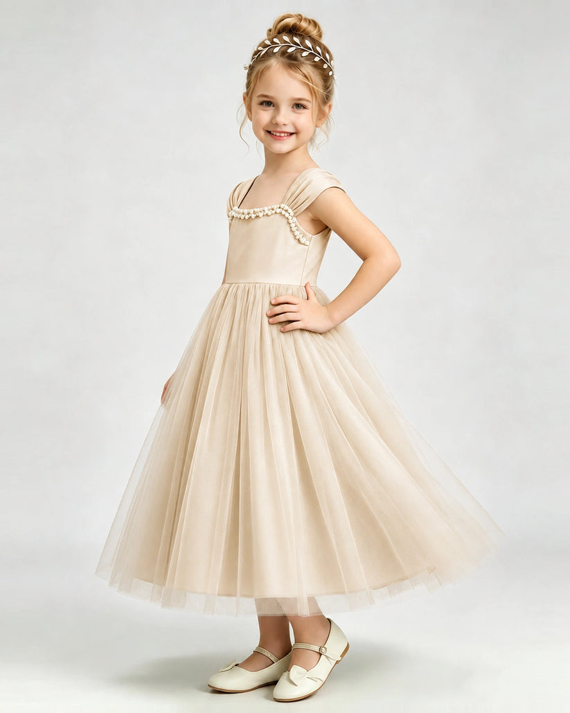 Champagne Tulle A-line Girls Formal Dress Side View
