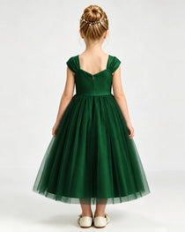 Dark Green Flower Girl Dress Pearl Trim Flutter Sleeve Puffy Tulle A-Line Midi Gown Back Full View