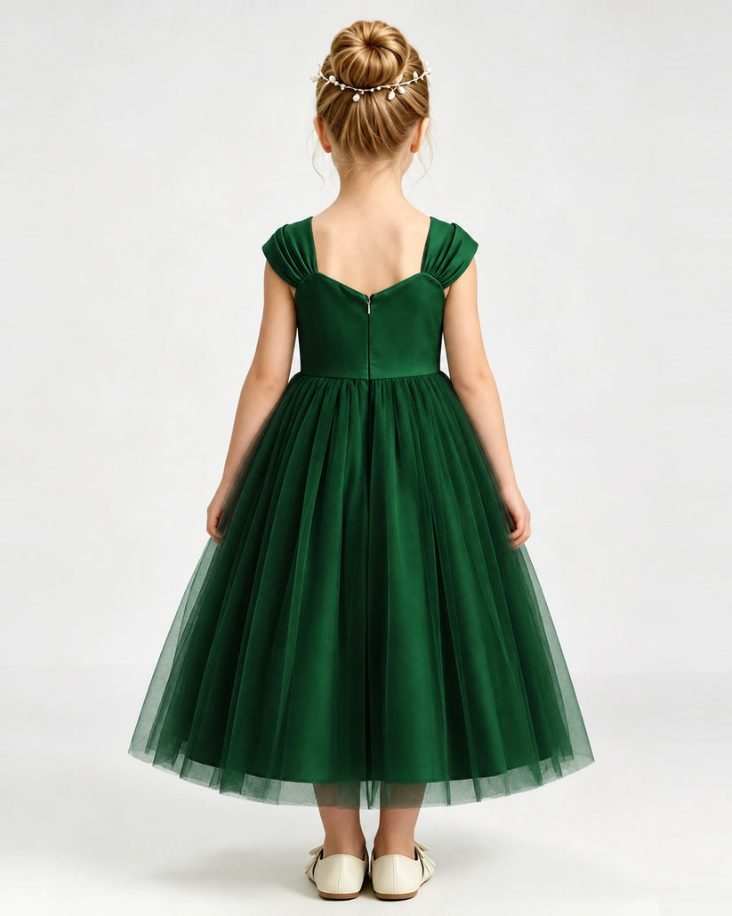 Dark Green Tulle A-line Girls Formal Dress Back View