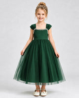 Dark Green Tulle A-line Girls Formal Dress Front View