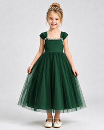 Dark Green Flower Girl Dress Pearl Trim Flutter Sleeve Puffy Tulle A-Line Midi Gown Front Full View