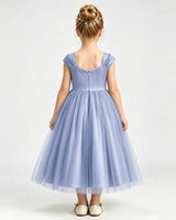 Dusty Blue Tulle A-line Girls Formal Dress Back View