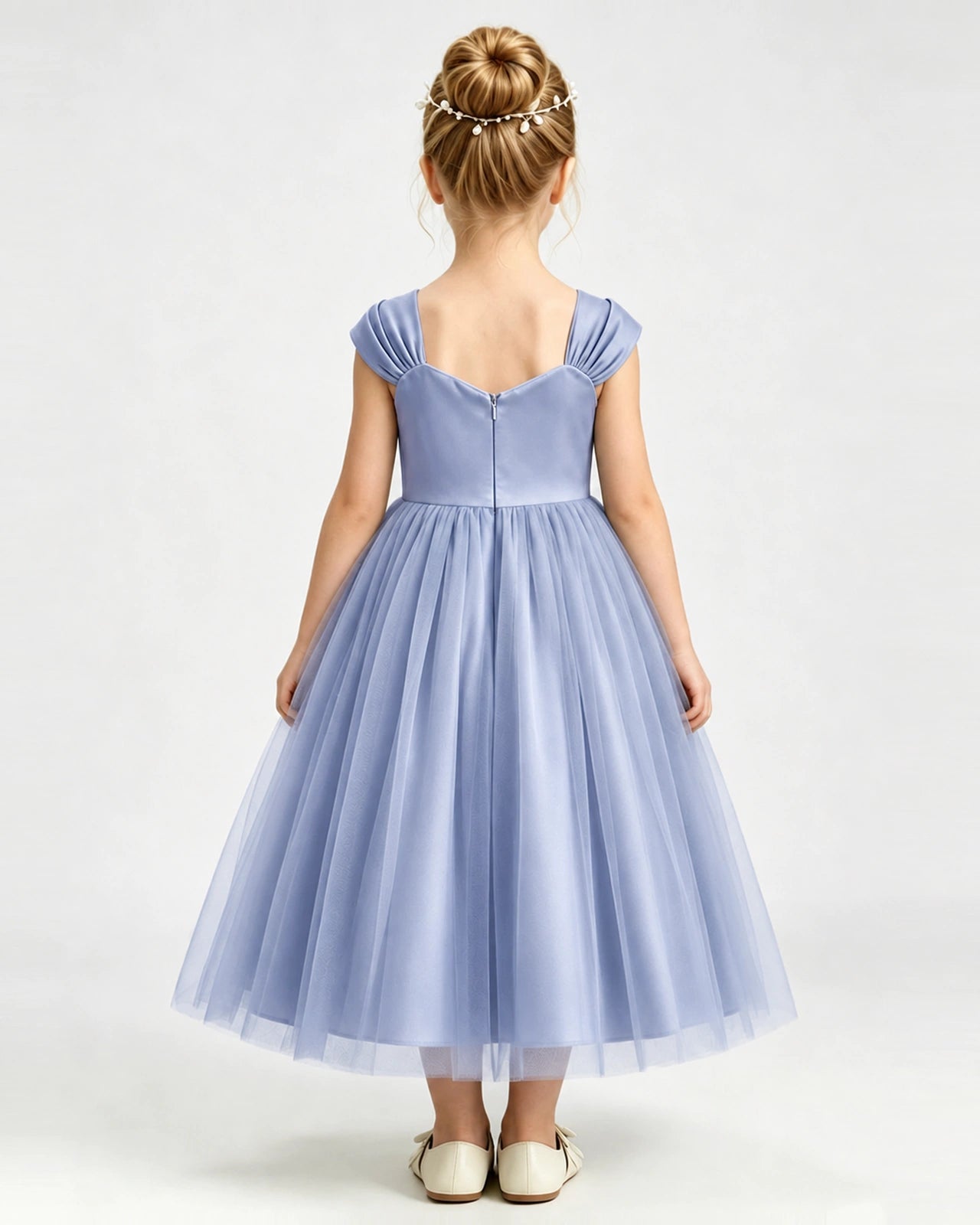Dusty Blue Flower Girl Dress Pearl Trim Flutter Sleeve Puffy Tulle A-Line Midi Gown Back Full View