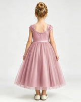 Dusty Rose Tulle A-line Girls Formal Dress Back View