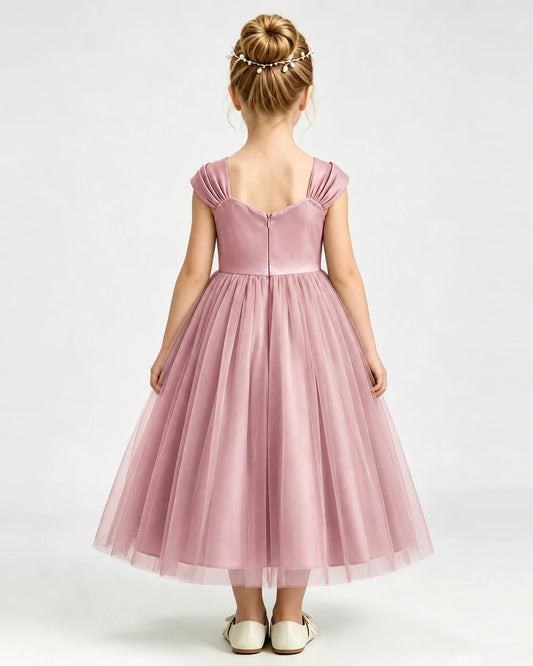 Dusty Rose Tulle A-line Girls Formal Dress Back View