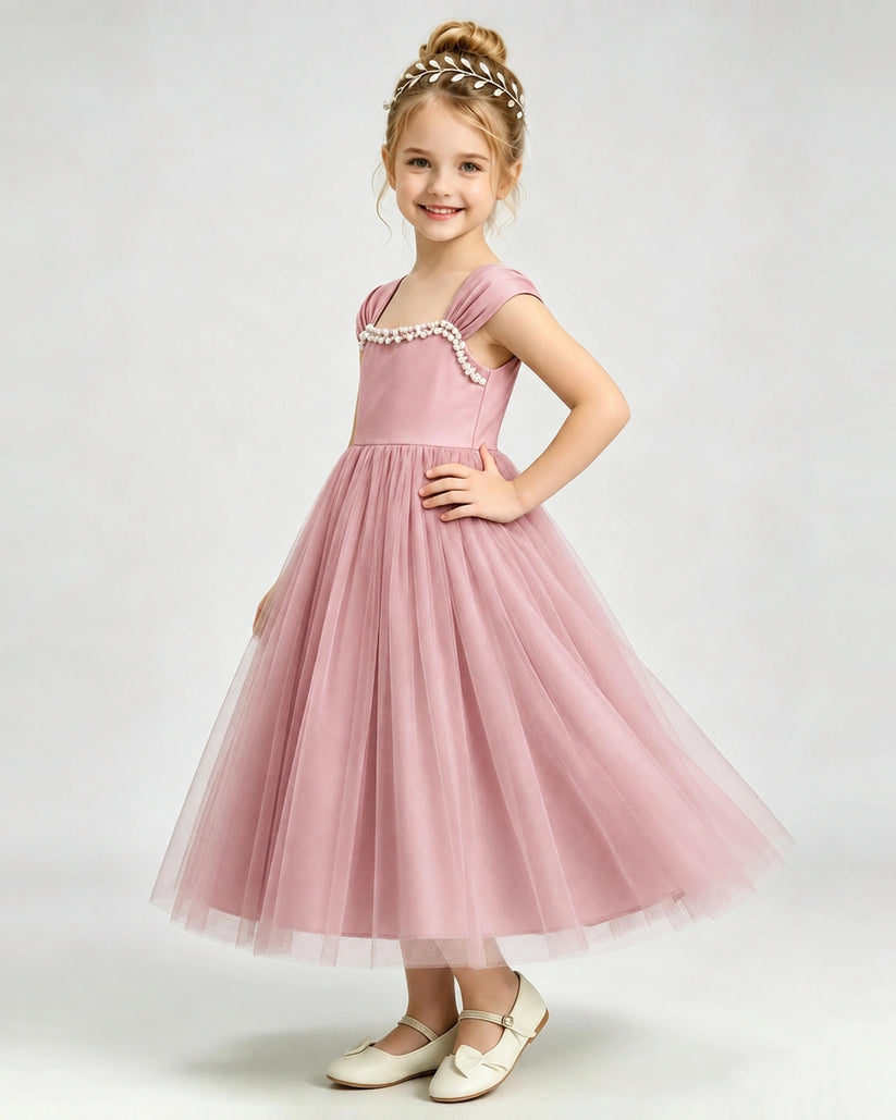 Dusty Rose Tulle A-line Girls Formal Dress Side View