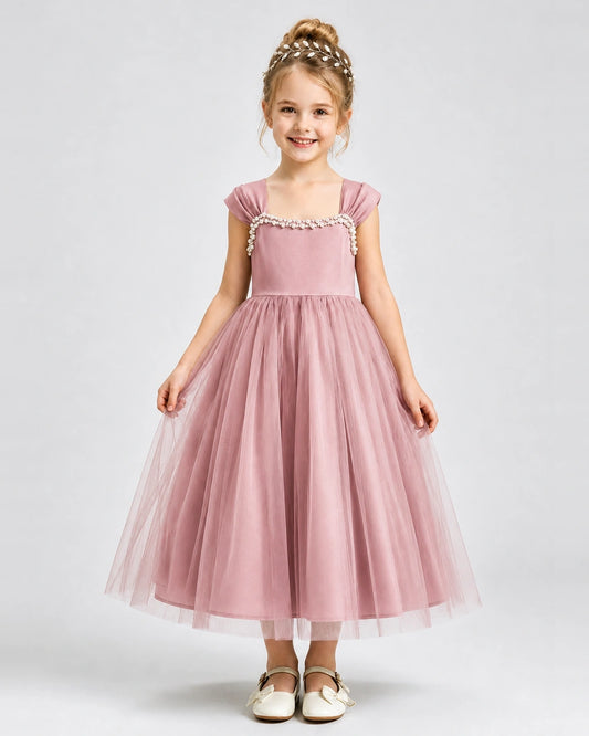 Dusty Rose Tulle A-line Girls Formal Dress Front View
