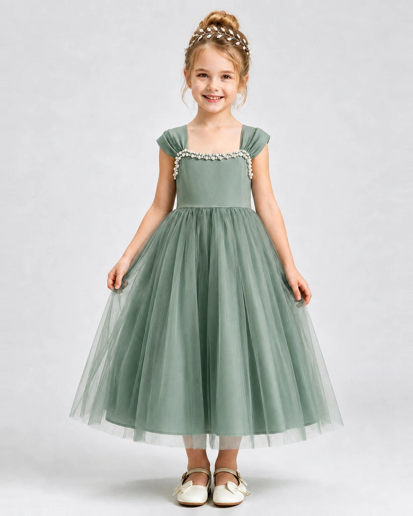 Eucalyptus Tulle A-line Girls Formal Dress Front View
