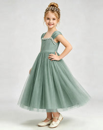 Eucalyptus Flower Girl Dress Pearl Trim Flutter Sleeve Puffy Tulle A-Line Midi Gown Side Full View