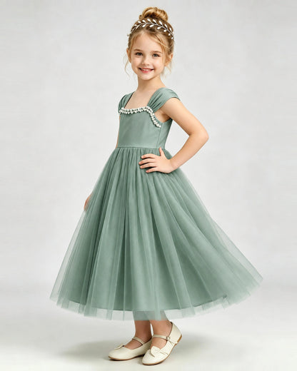 Eucalyptus Flower Girl Dress Pearl Trim Flutter Sleeve Puffy Tulle A-Line Midi Gown Side Full View