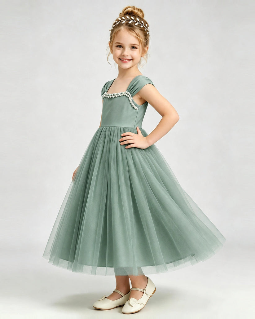 Eucalyptus Tulle A-line Girls Formal Dress Side View