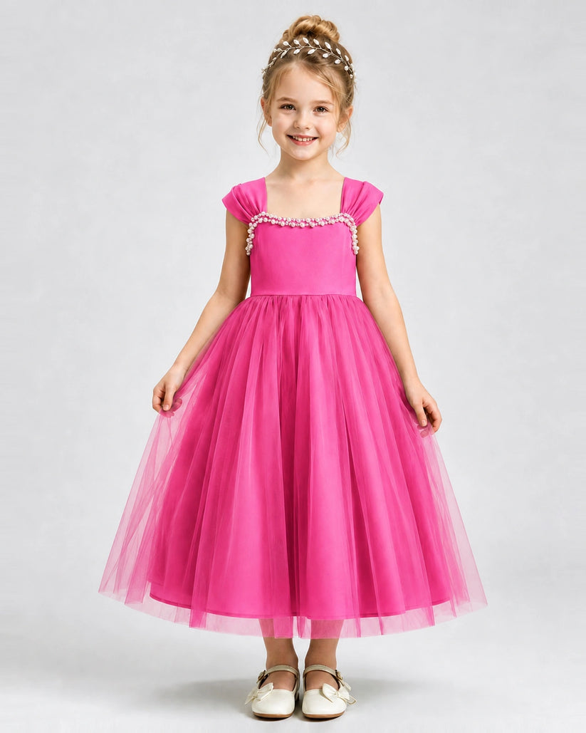 Hot Pink Tulle A-line Girls Formal Dress Front View