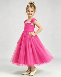 Hot Pink Flower Girl Dress Pearl Trim Flutter Sleeve Puffy Tulle A-Line Midi Gown Side Full View