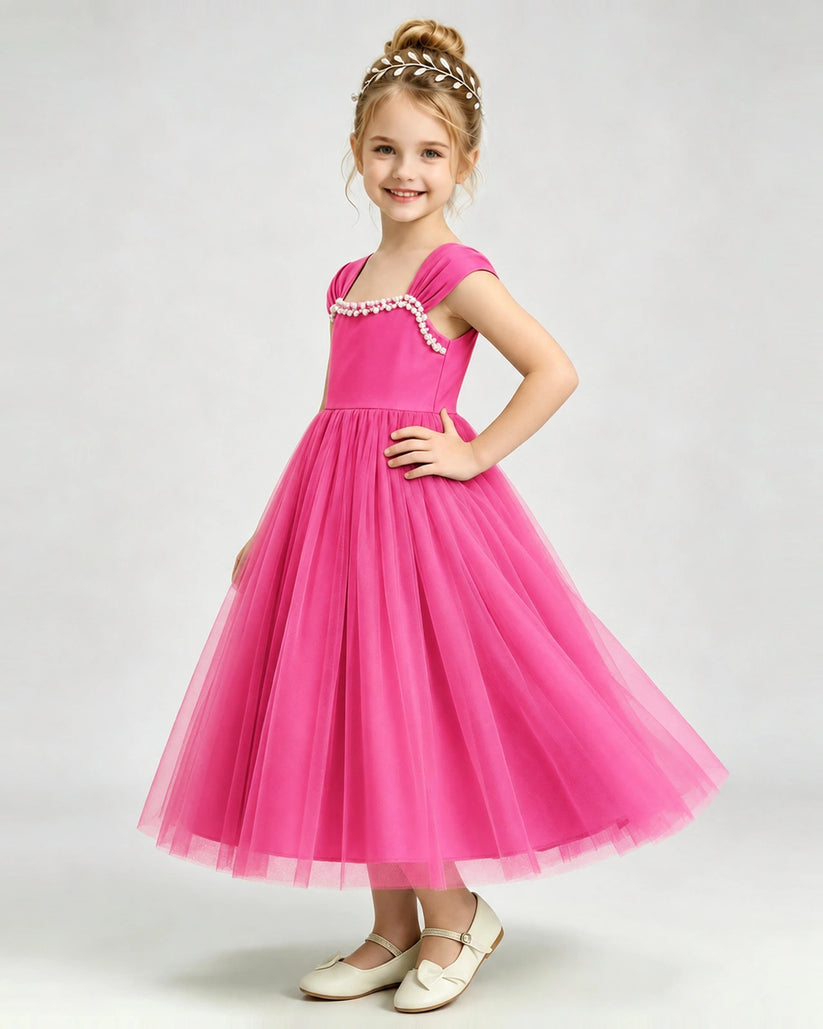 Hot Pink Tulle A-line Girls Formal Dress Side View