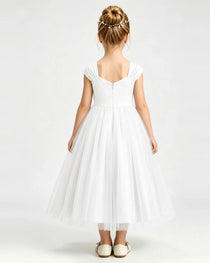 Ivory Flower Girl Dress Pearl Trim Flutter Sleeve Puffy Tulle A-Line Midi Gown Back Full View