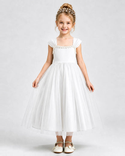 Ivory Flower Girl Dress Pearl Trim Flutter Sleeve Puffy Tulle A-Line Midi Gown Front Full View