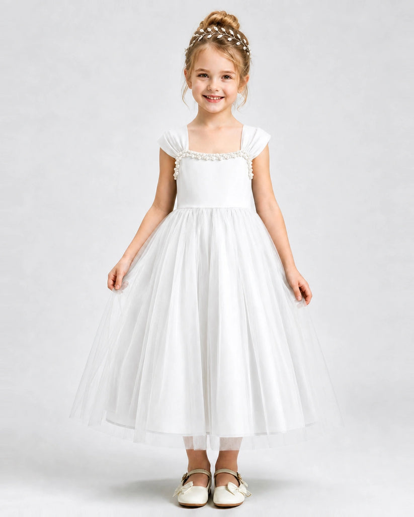 Ivory Tulle A-line Girls Formal Dress Front View