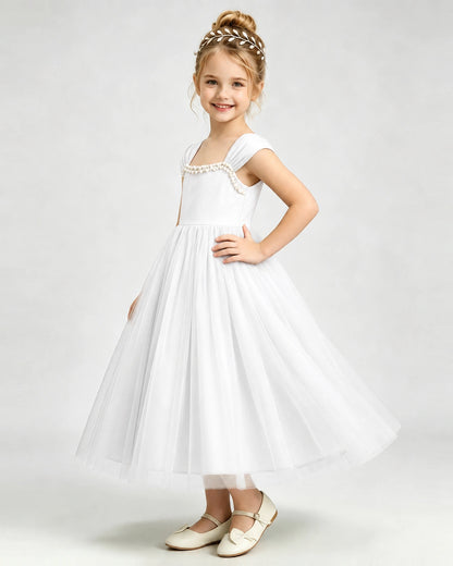 Ivory Flower Girl Dress Pearl Trim Flutter Sleeve Puffy Tulle A-Line Midi Gown Side Full View