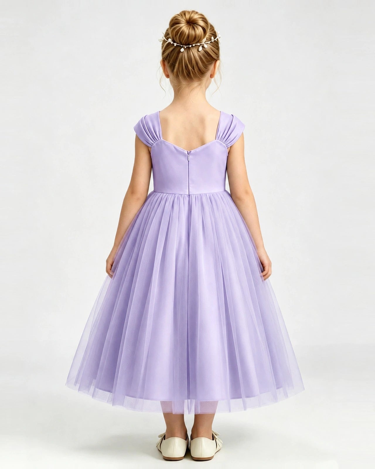 Lavender Flower Girl Dress Pearl Trim Flutter Sleeve Puffy Tulle A-Line Midi Gown Back Full View