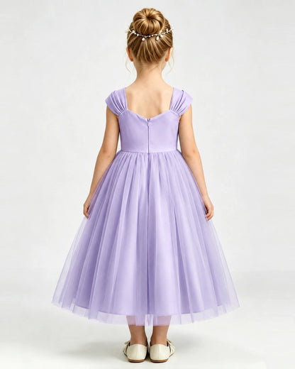 Lavender Flower Girl Dress Pearl Trim Flutter Sleeve Puffy Tulle A-Line Midi Gown Back Full View