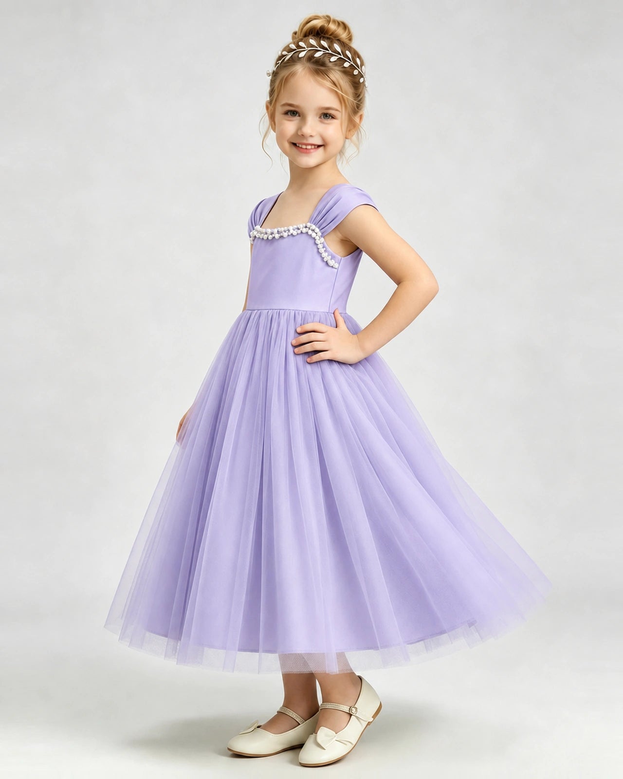 Lavender Flower Girl Dress Pearl Trim Flutter Sleeve Puffy Tulle A-Line Midi Gown Side Full View
