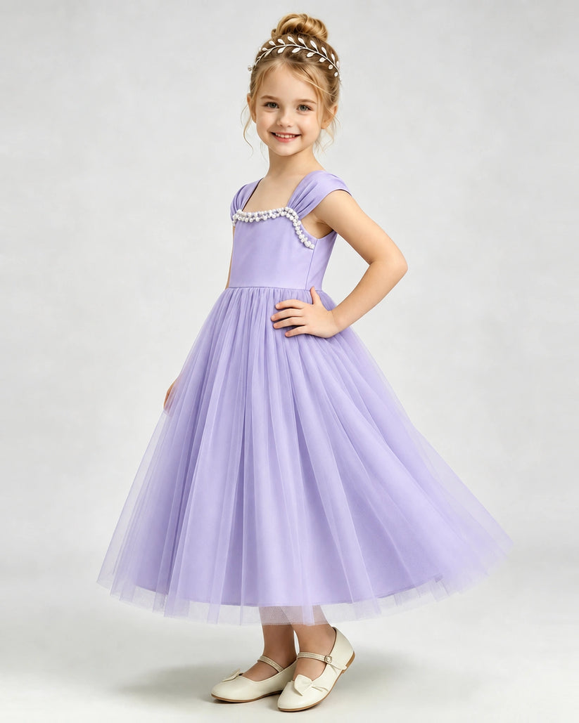 Lavender Tulle A-line Girls Formal Dress Front View