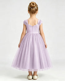 Lilac Flower Girl Dress Pearl Trim Flutter Sleeve Puffy Tulle A-Line Midi Gown Back Full View