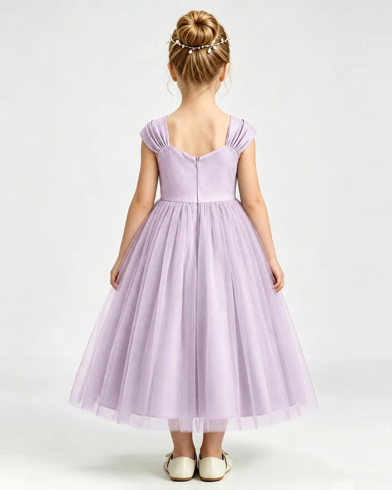 Lilac Flower Girl Dress Pearl Trim Flutter Sleeve Puffy Tulle A-Line Midi Gown Back Full View