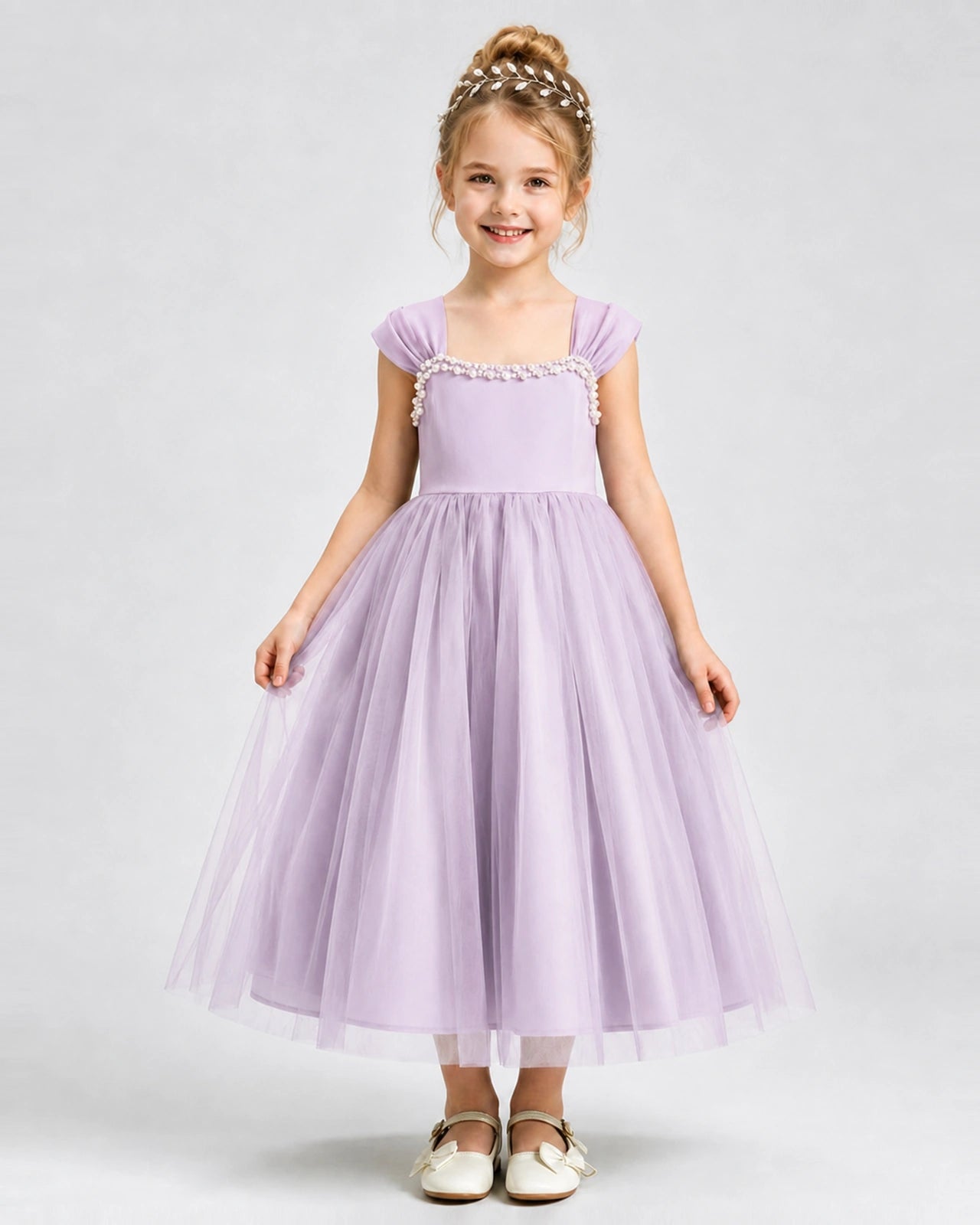 Lilac Flower Girl Dress Pearl Trim Flutter Sleeve Puffy Tulle A-Line Midi Gown Front Full View