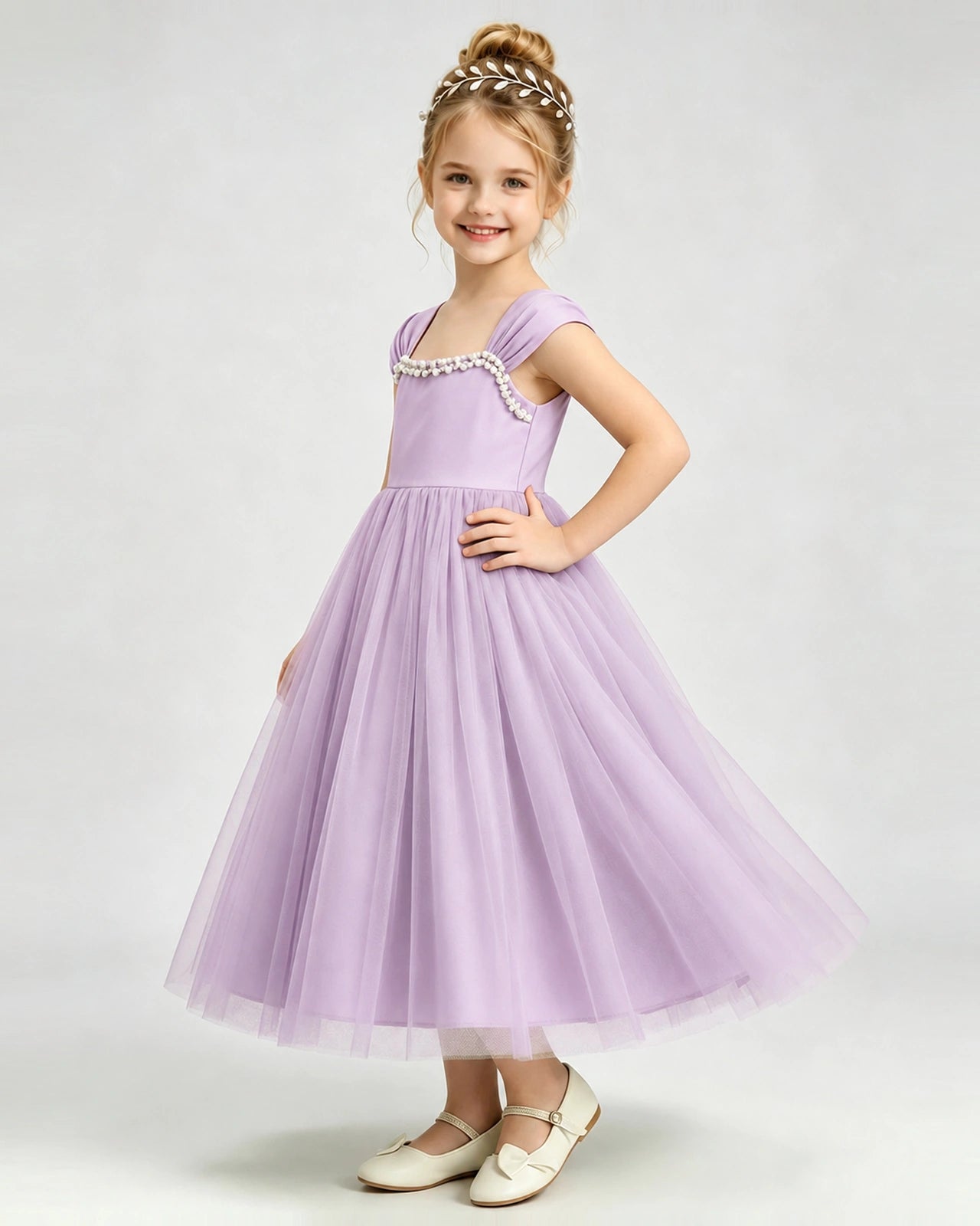 Lilac Flower Girl Dress Pearl Trim Flutter Sleeve Puffy Tulle A-Line Midi Gown Side Full View