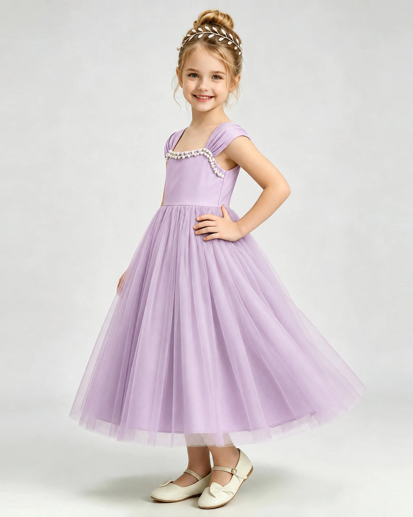 Lilac Tulle A-line Girls Formal Dress Side View