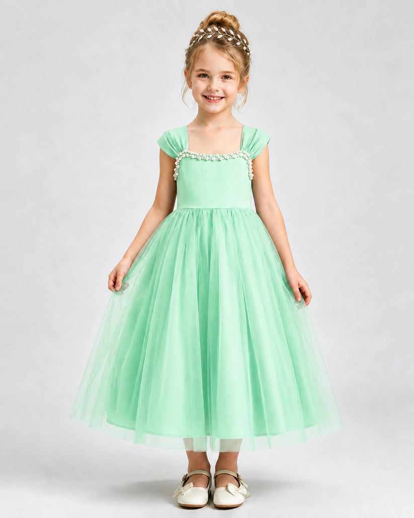 Mint Green Tulle A-line Girls Formal Dress Front View