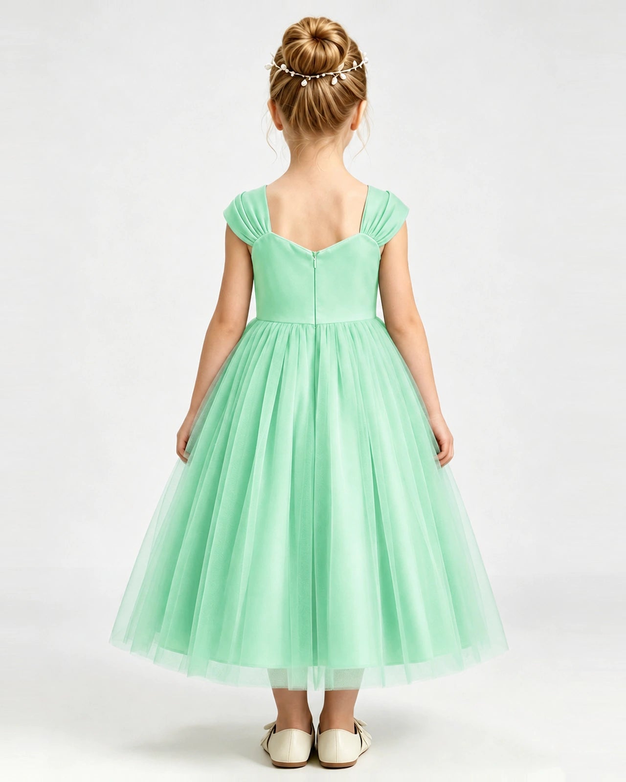 Mint Green Flower Girl Dress Pearl Trim Flutter Sleeve Puffy Tulle A-Line Midi Gown Back Full View