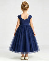 Navy Blue Tulle A-line Girls Formal Dress Back View