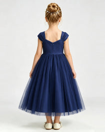 Navy Blue Flower Girl Dress Pearl Trim Flutter Sleeve Puffy Tulle A-Line Midi Gown Back Full View