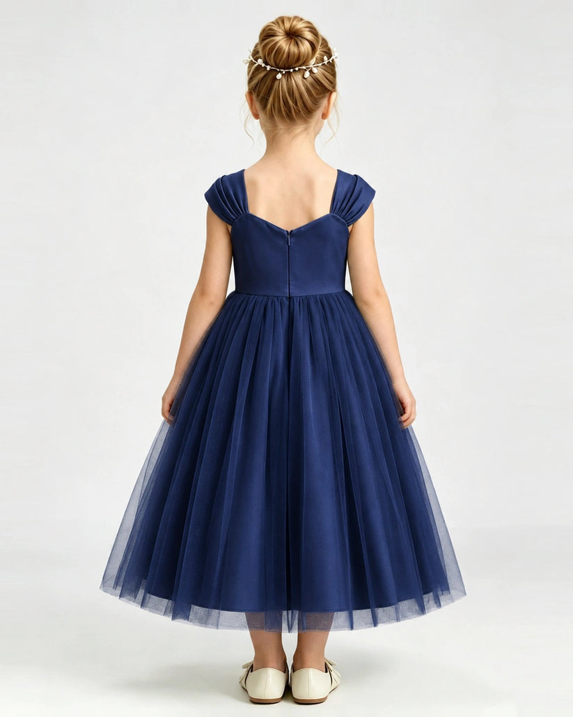 Navy Blue Tulle A-line Girls Formal Dress Back View