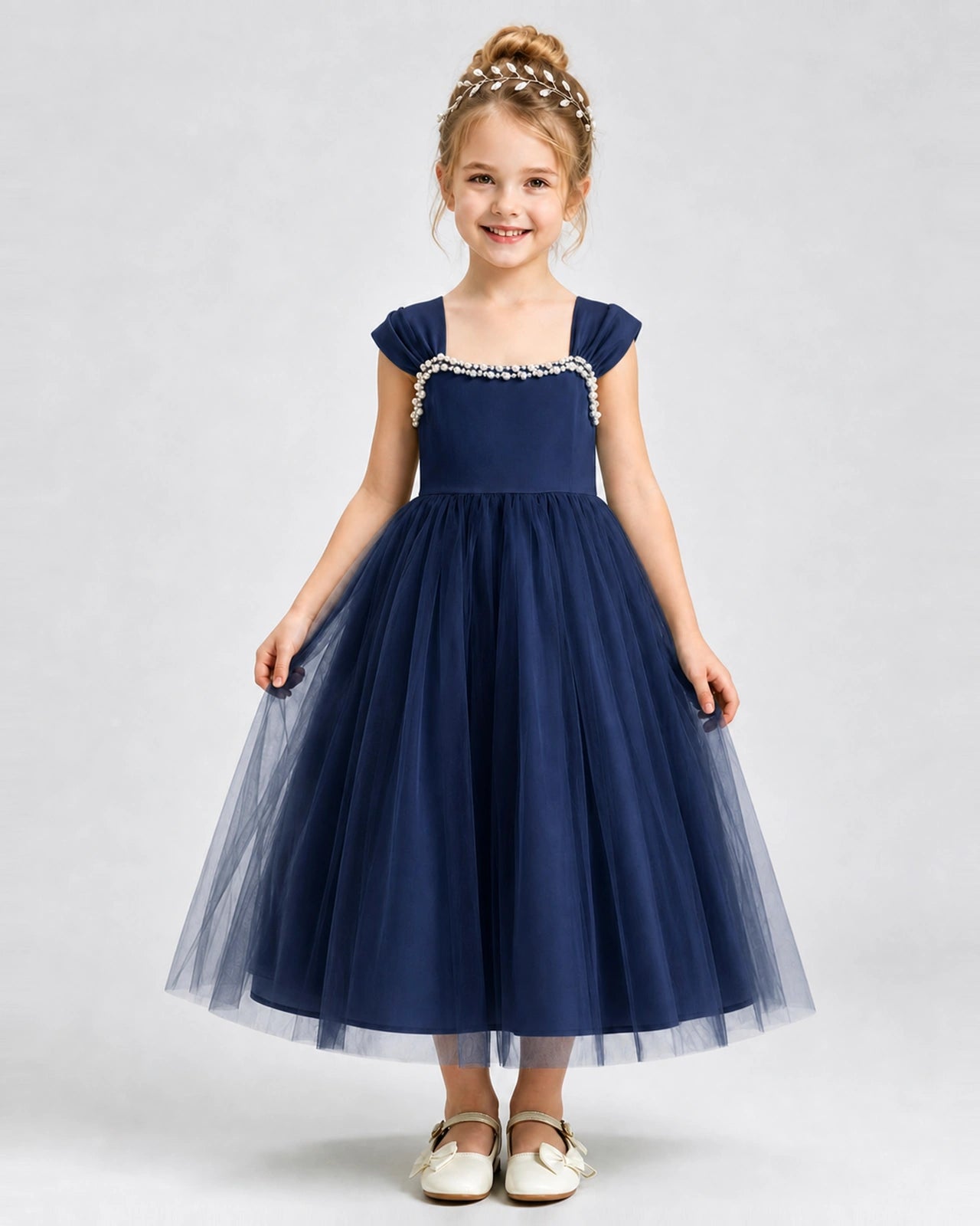 Navy Blue Flower Girl Dress Pearl Trim Flutter Sleeve Puffy Tulle A-Line Midi Gown Front Full View