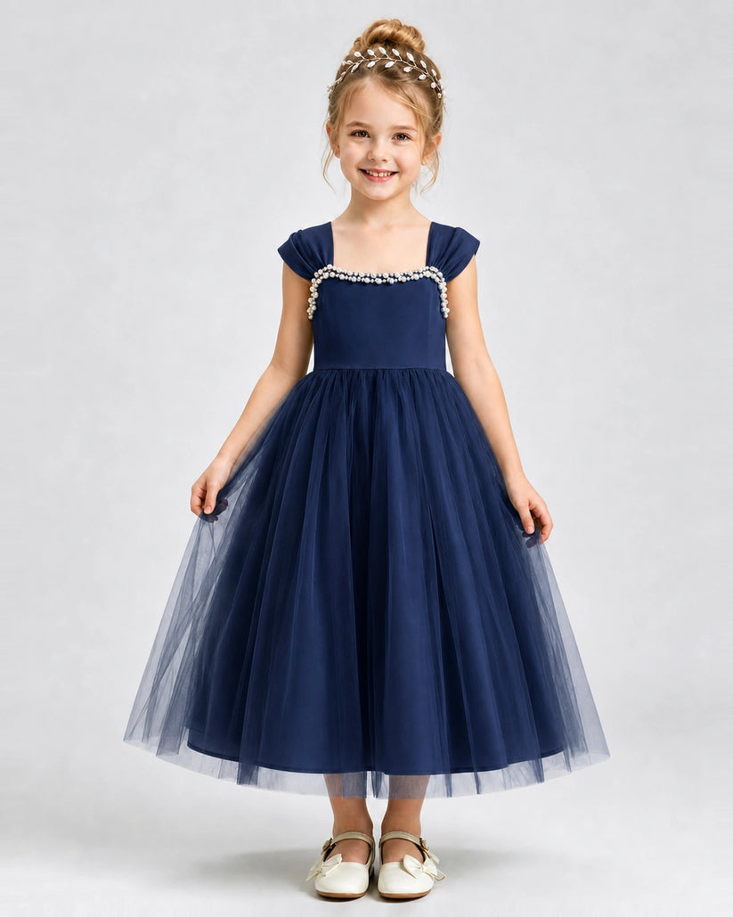 Navy Blue Tulle A-line Girls Formal Dress Front View