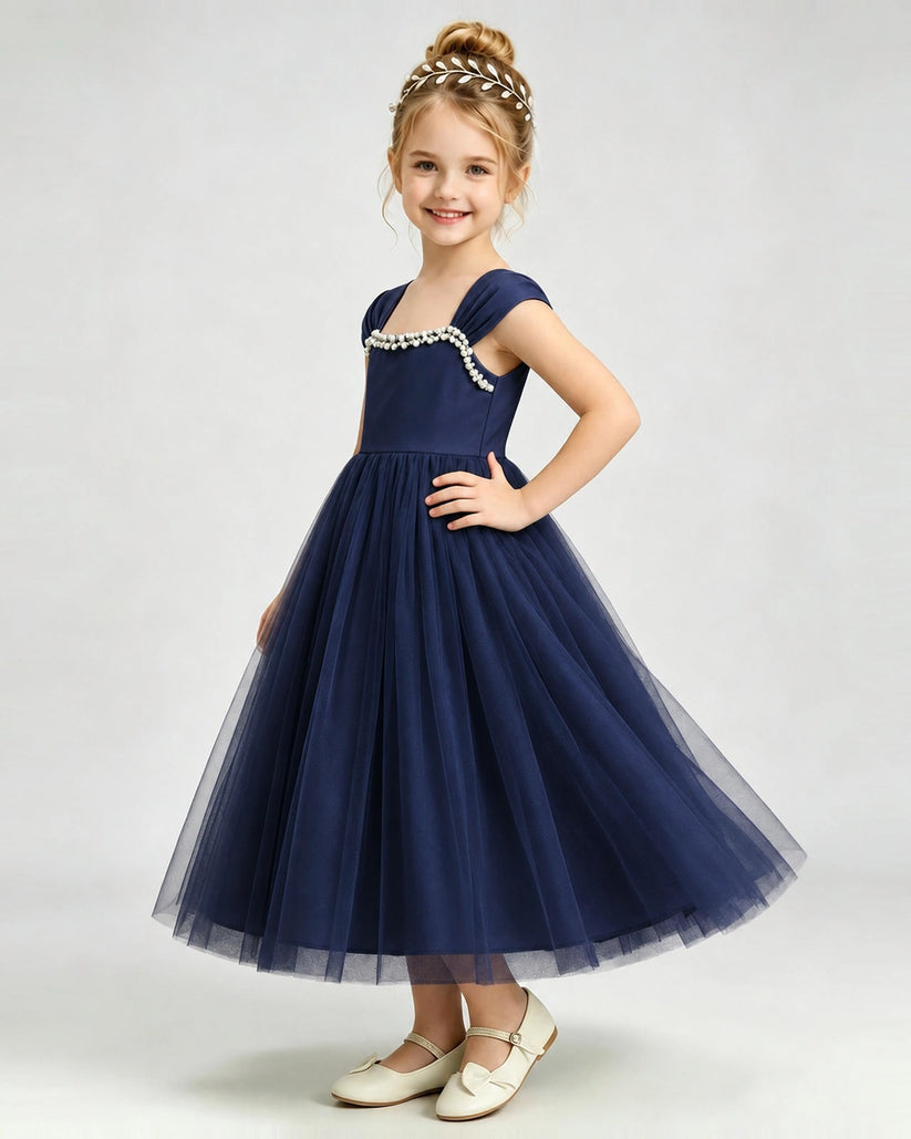 Navy Blue Tulle A-line Girls Formal Dress Side View