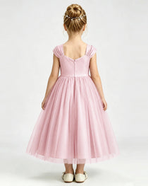 Pink Flower Girl Dress Pearl Trim Flutter Sleeve Puffy Tulle A-Line Midi Gown Back Full View
