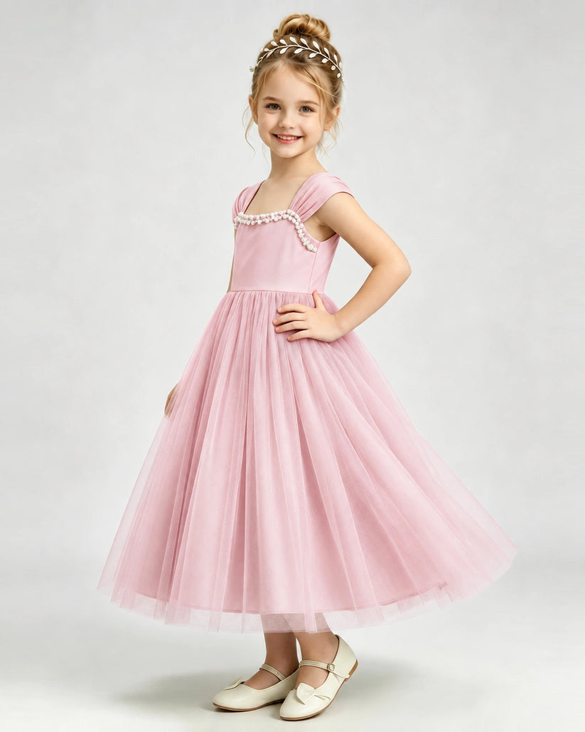 Pink Tulle A-line Girls Formal Dress Side View