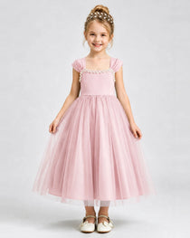 Pink Flower Girl Dress Pearl Trim Flutter Sleeve Puffy Tulle A-Line Midi Gown Front Full View