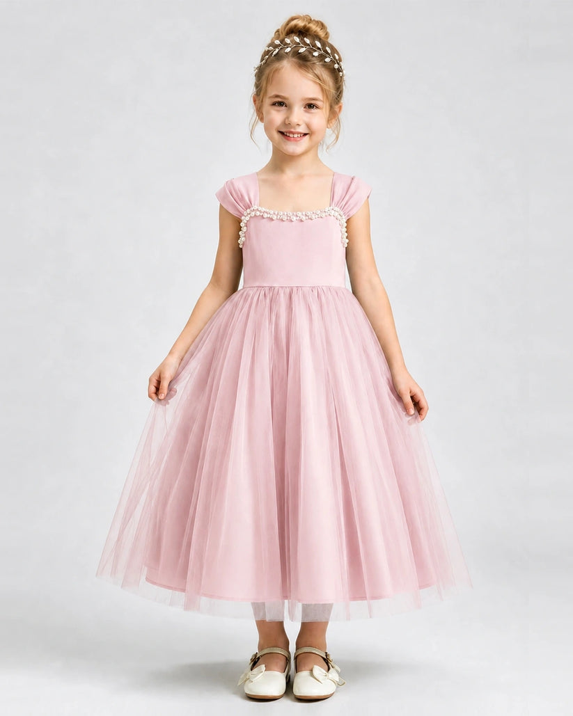 Pink Tulle A-line Girls Formal Dress Front View