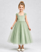 Sage Green Tulle A-line Girls Formal Dress Front View