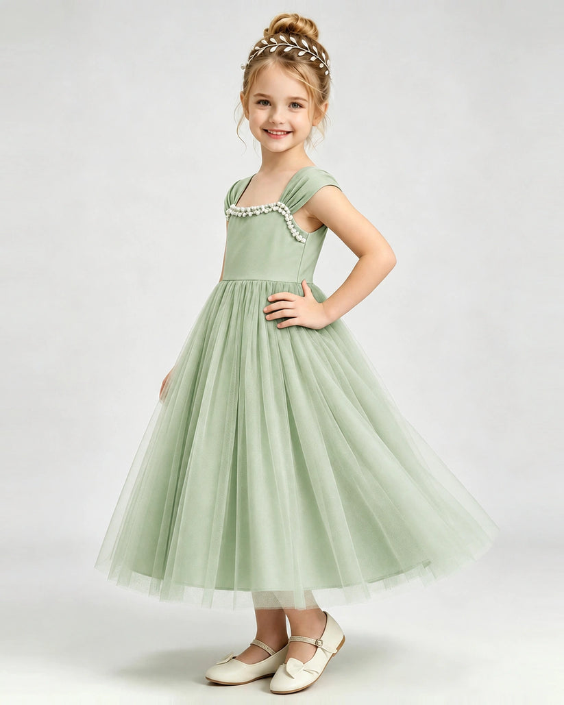 Sage Green Tulle A-line Girls Formal Dress Side View