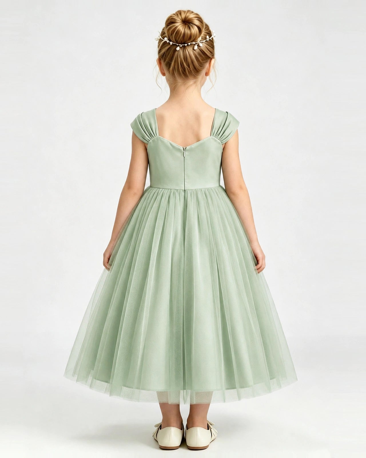 Sage Green Flower Girl Dress Pearl Trim Flutter Sleeve Puffy Tulle A-Line Midi Gown Back Full View