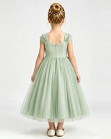 Sage Green Tulle A-line Girls Formal Dress Back View