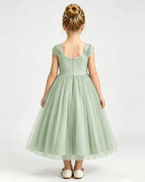Sage Green Flower Girl Dress Pearl Trim Flutter Sleeve Puffy Tulle A-Line Midi Gown Back Full View