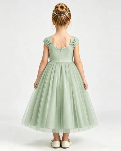 Sage Green Flower Girl Dress Pearl Trim Flutter Sleeve Puffy Tulle A-Line Midi Gown Back Full View